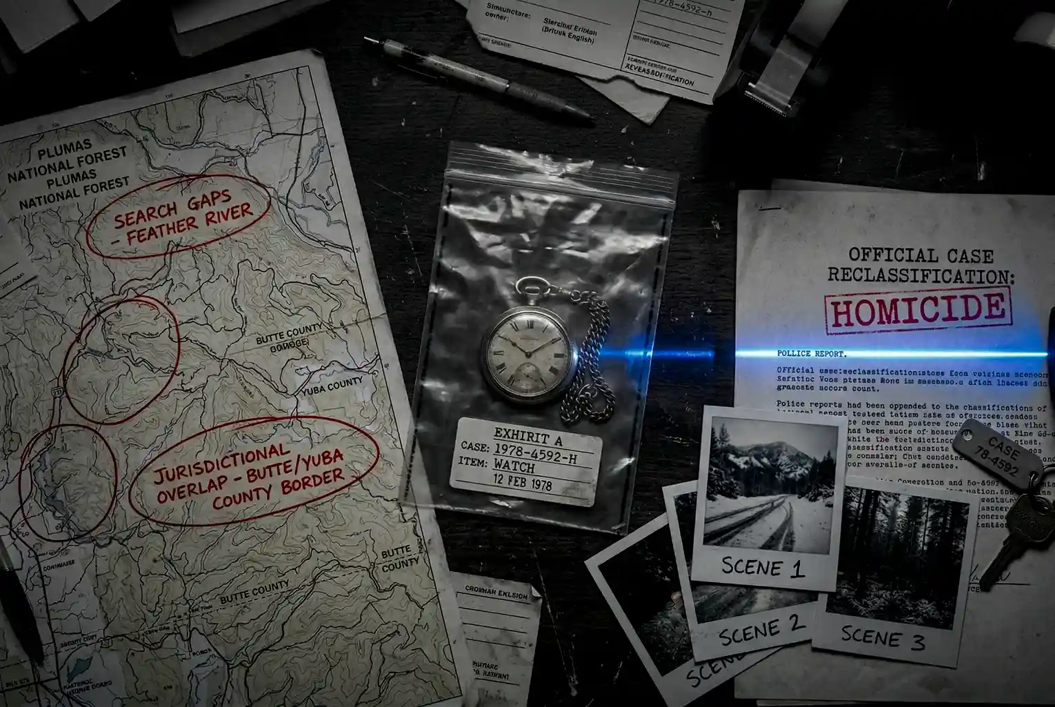 An imaginative interpretation of a top-down view of a 1978 police evidence table featuring a gold watch, a marked search map, and a 2025 homicide reclassification report under a modern laser scanner.