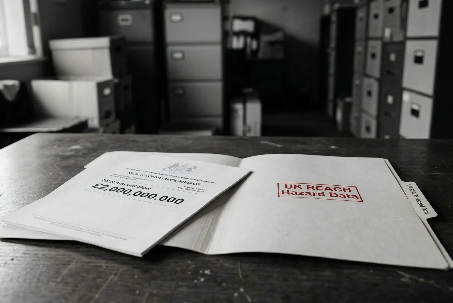 A conceptual illustration showing an empty manila folder labelled 'UK REACH Hazard Data' sitting next to an official invoice for £2,000,000,000.