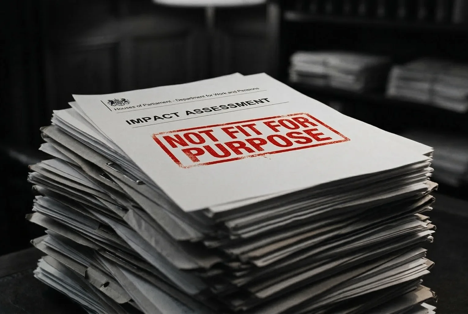 A conceptual illustration of a stack of parliamentary impact assessments, with the top page stamped 'NOT FIT FOR PURPOSE' in red ink.