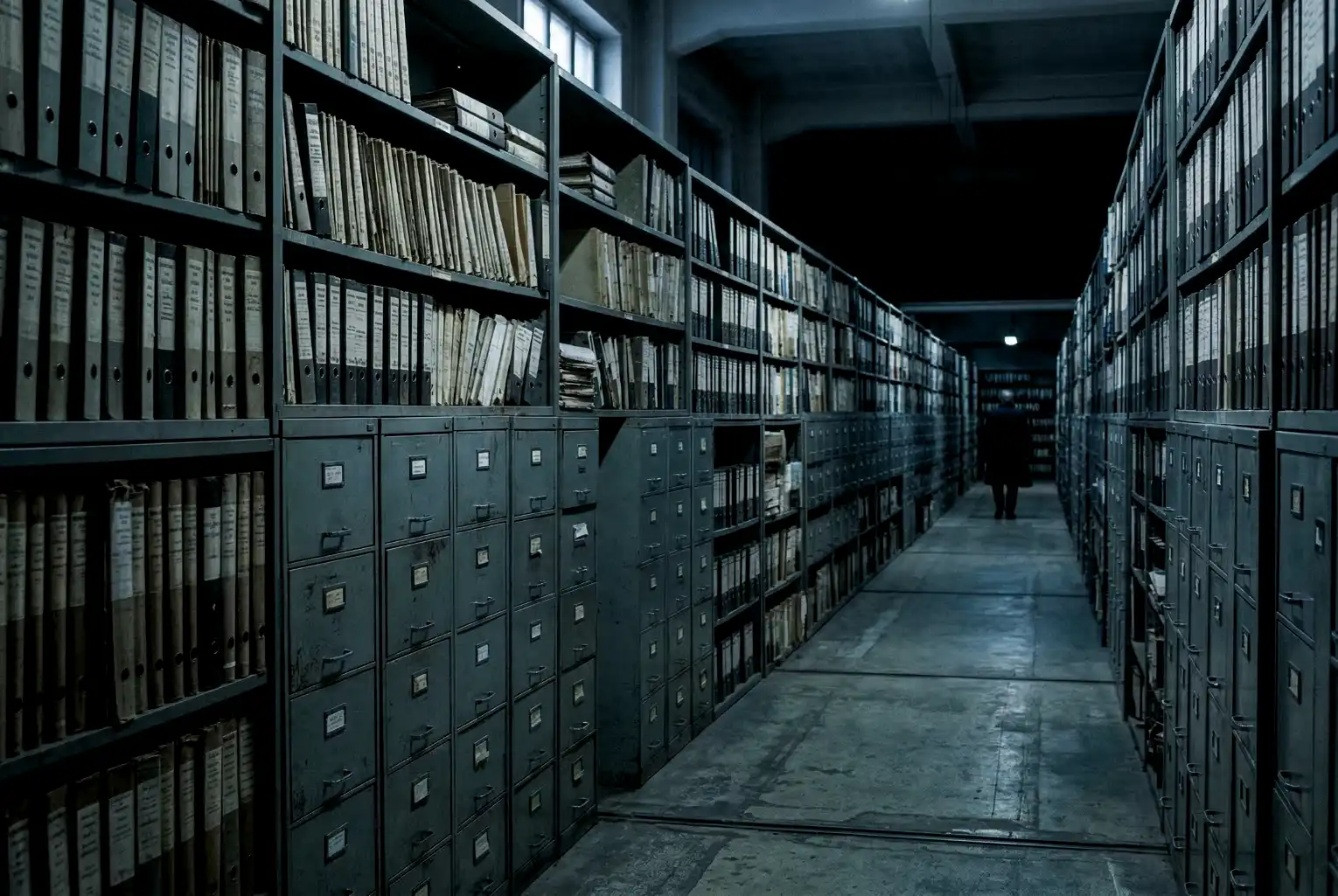 A photorealistic photograph of a vast, dimly lit government archive room featuring endless rows of grey filing cabinets and legal documents illuminated by a cold blue light.
