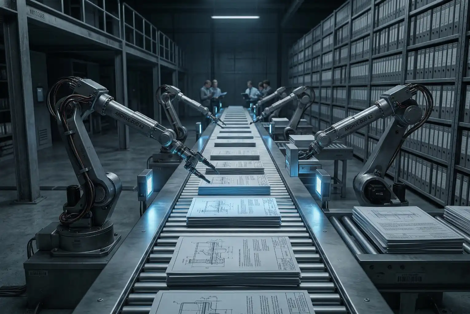 A photorealistic editorial photograph of industrial robotic arms duplicating technical blueprints on a conveyor belt within a dimly lit, high-density government archive.