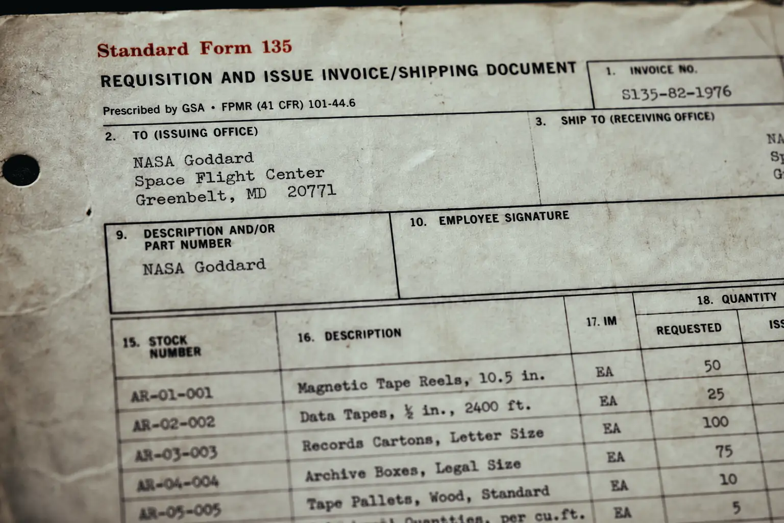 A photorealistic mock-up of a 1980s Standard Form 135 charge card. The form shows a withdrawal for 'NASA Goddard', but the mandatory personnel signature field is completely blank. This image is an illustrative recreation, as the original physical documents are unavailable.