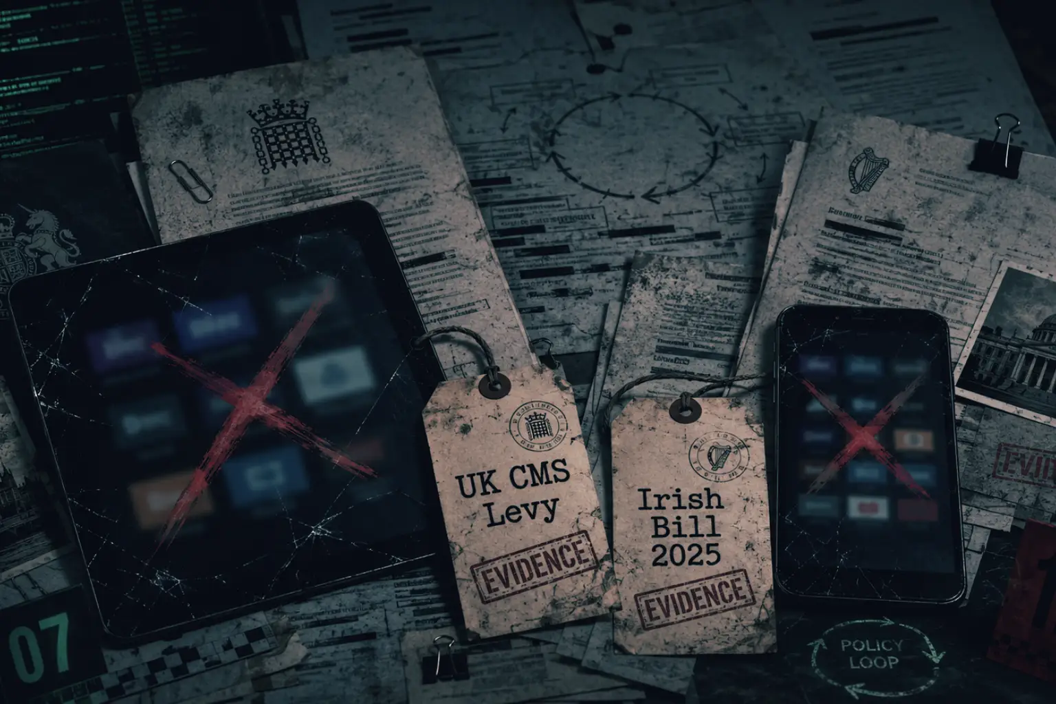 Forensic desk displaying a phone and tablet with streaming apps crossed out in red, next to evidence tags labelled 'UK CMS Levy' and 'Irish Bill 2025'.