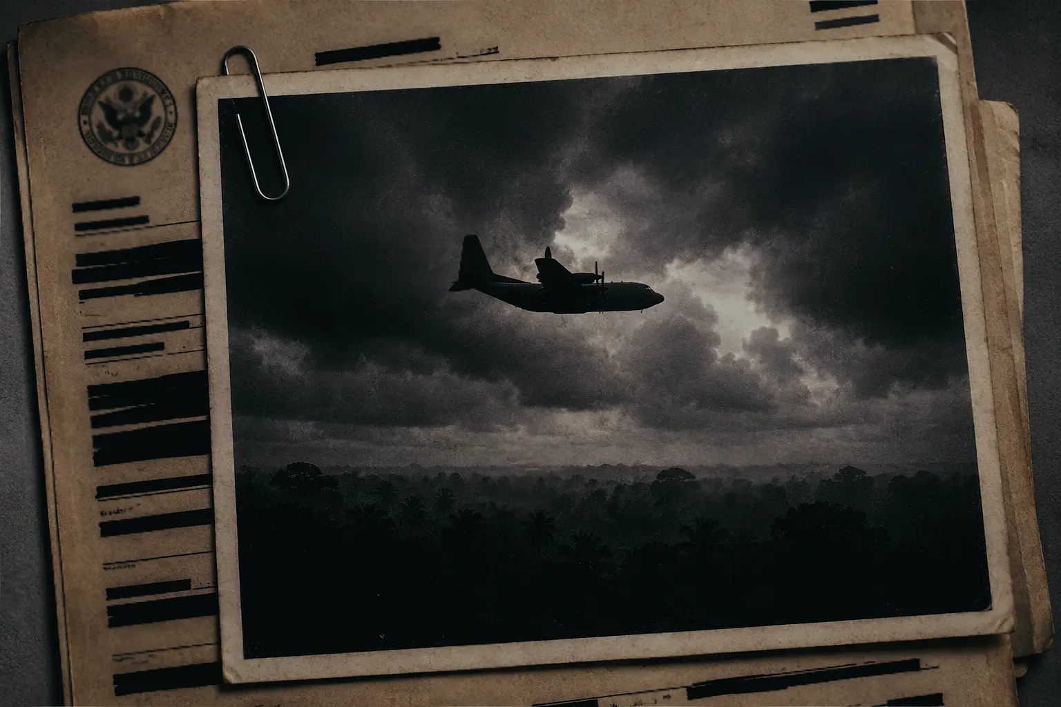 A vintage-style photograph of a WC-130 weather reconnaissance aircraft flying through heavy monsoon clouds, attached by a paperclip to a redacted 1967 government memorandum.