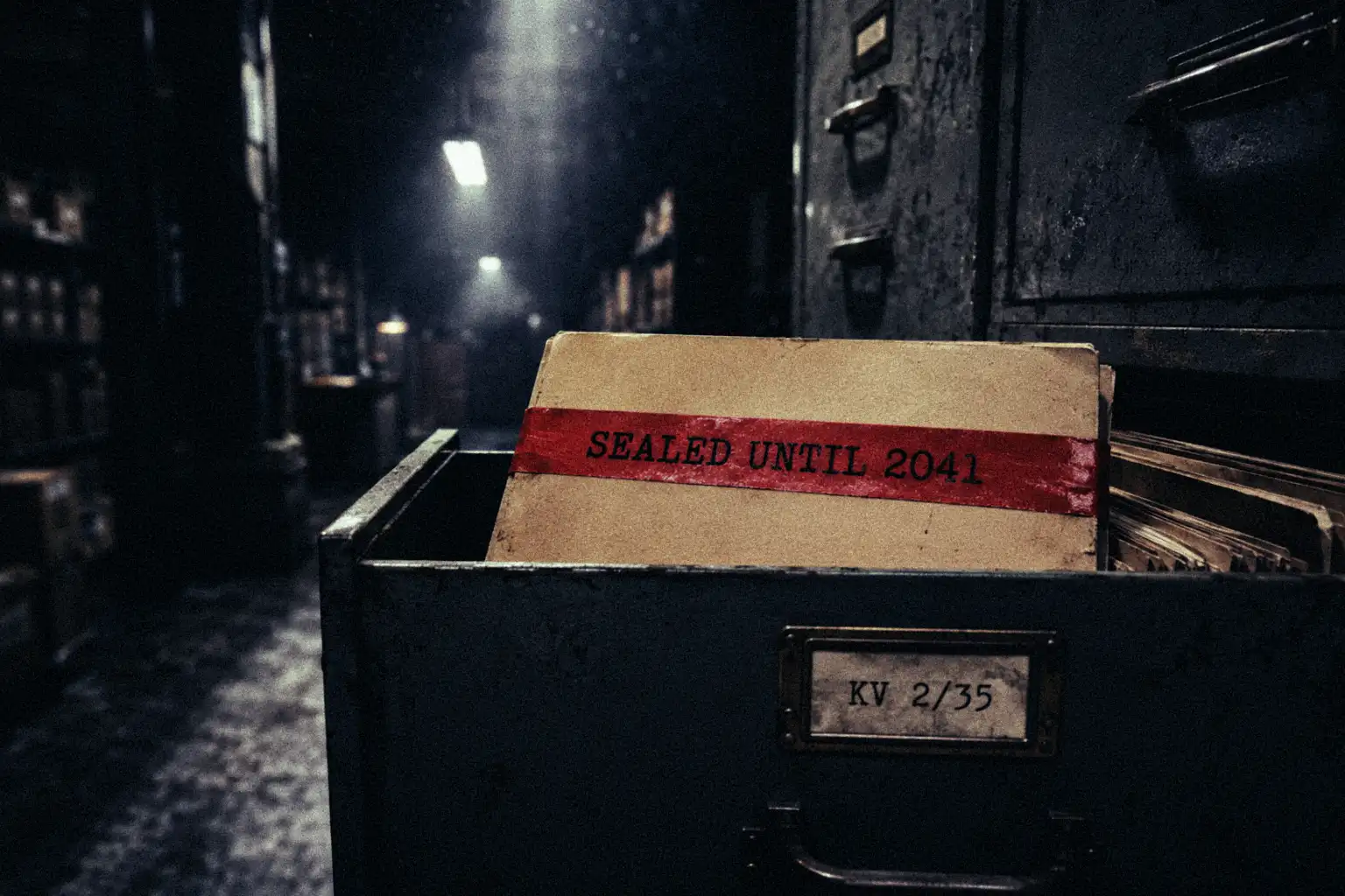A slightly open grey metal filing cabinet drawer labelled KV 2/35, containing a protruding manila folder wrapped in red security tape that reads 'SEALED UNTIL 2041'.