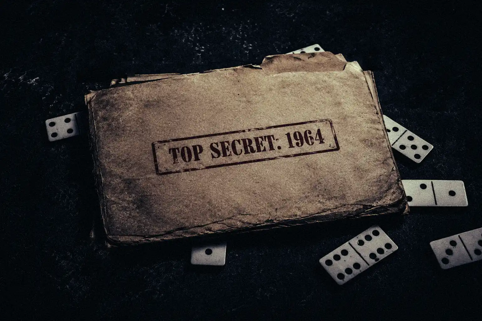 A weathered 1964 intelligence dossier stamped Top Secret lying across scattered dominoes, representing the CIA Board of National Estimates memorandum that rejected the rapid collapse of Asia.