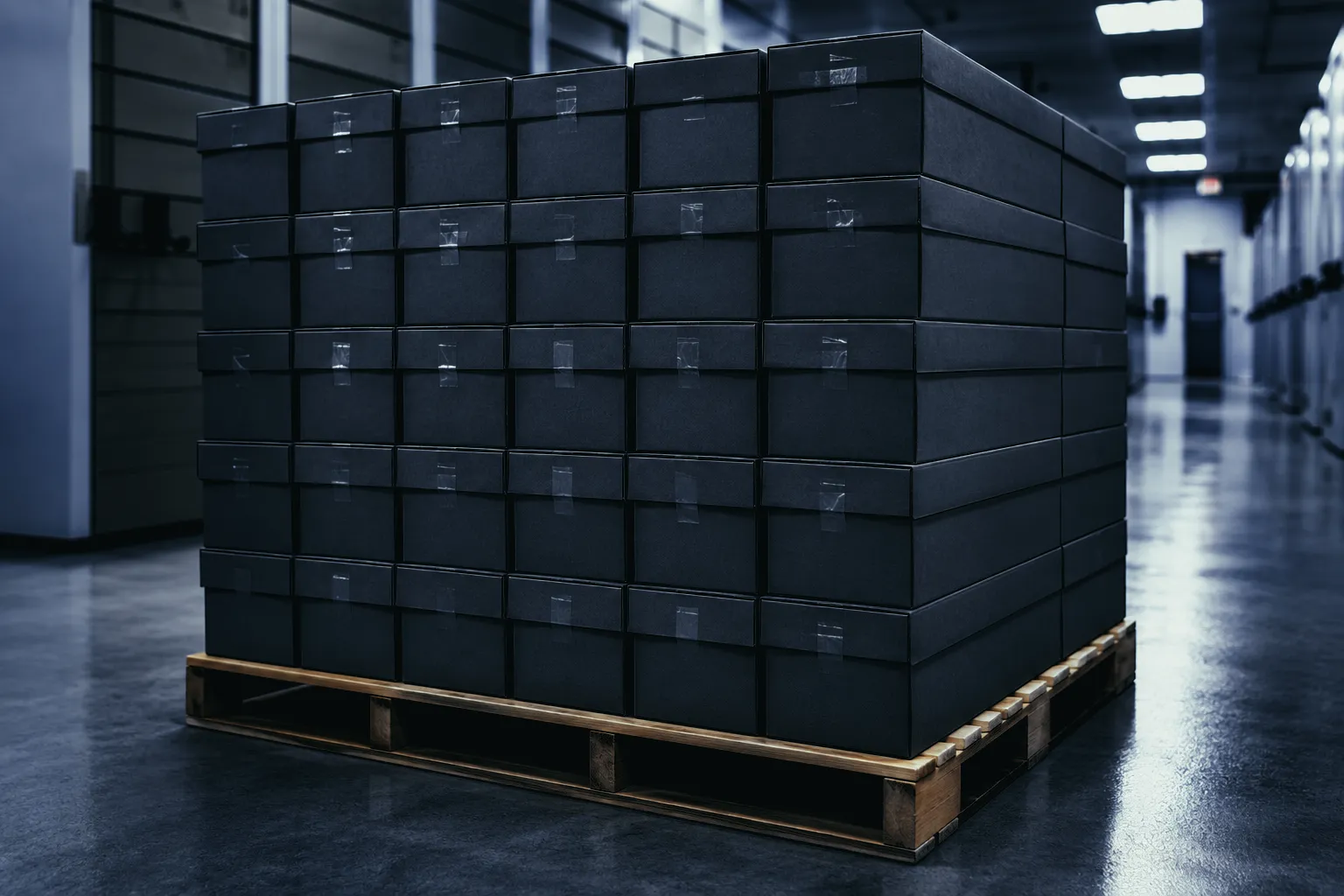 Archive boxes stacked on a wooden pallet in a modern storage facility, representing the MKULTRA historical files repossessed by the CIA from the declassification queue in January 2026.