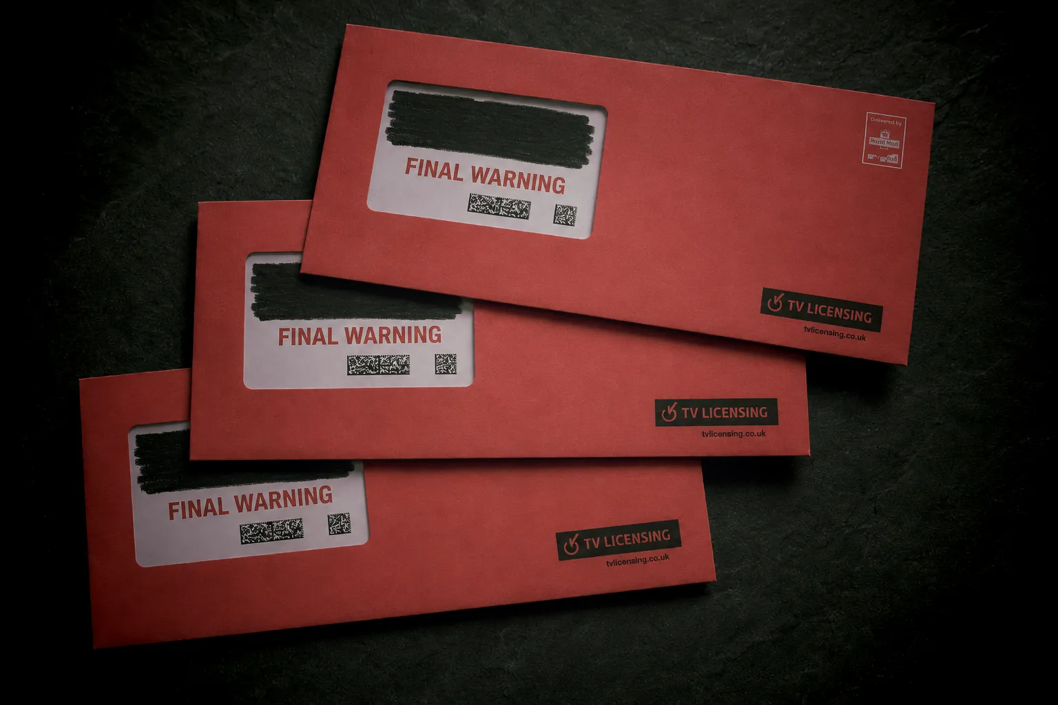Three identical red windowed envelopes stacked diagonally on a dark slate surface. Heavy black marker redactions obscure the address details in each window, leaving only the words 'FINAL WARNING' visible.