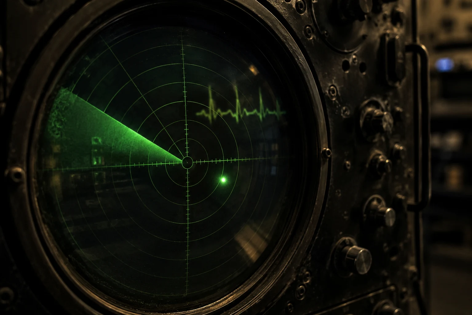 Close-up photograph of a vintage military radar screen in a dark room showing an unidentified blip; a human EKG signal is reflected faintly in the glass.