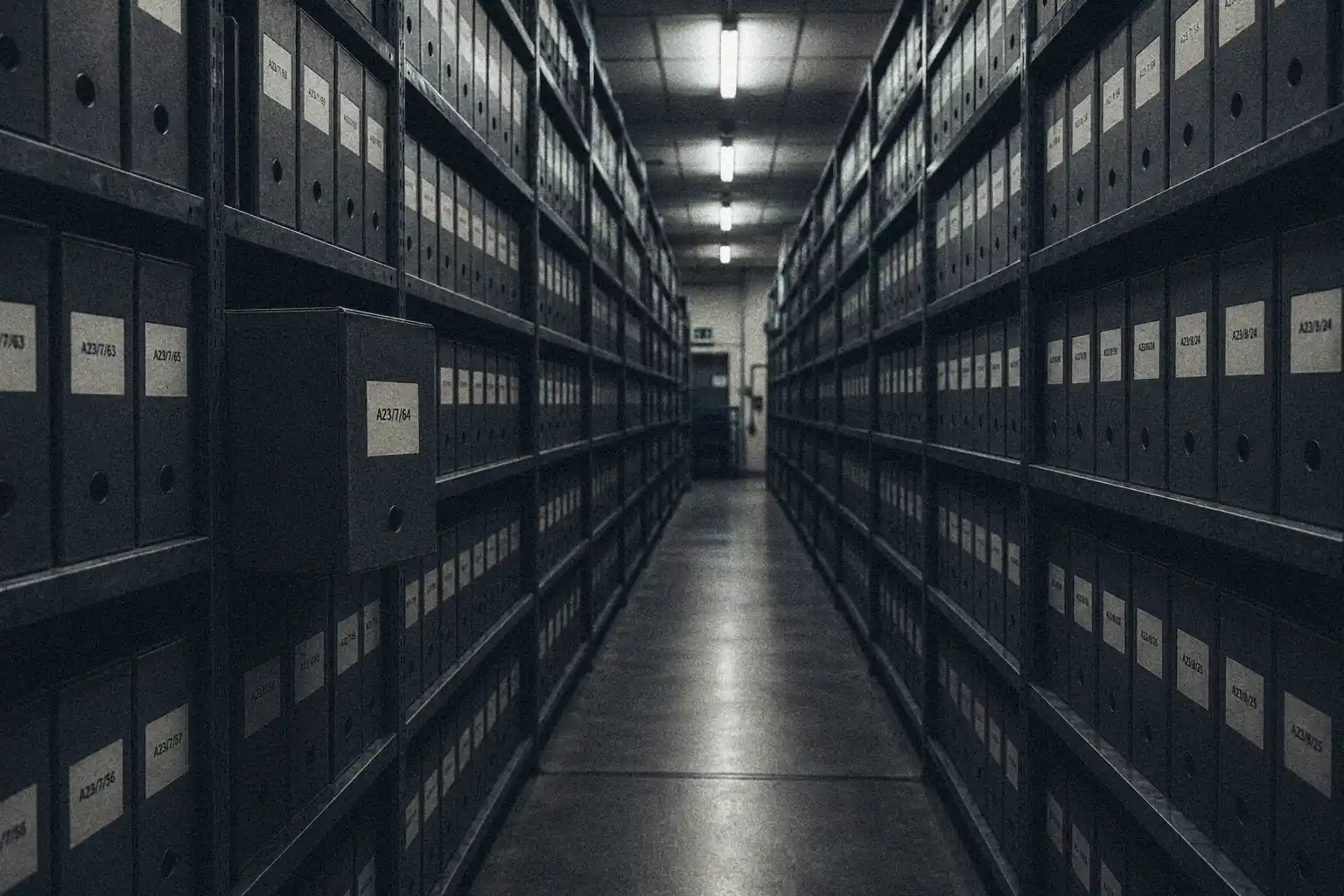 A government archive corridor lined with metal shelves of numbered box files, one box pulled forward from the row.