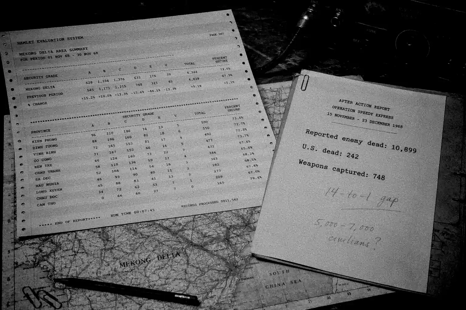Illustrative reconstruction of Vietnam War-era records showing Hamlet Evaluation System data and Operation Speedy Express casualty figures.