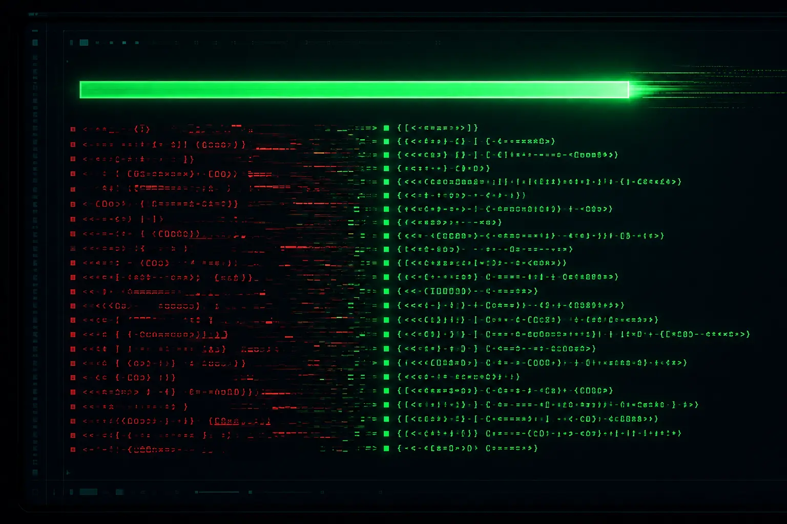 A dark computer terminal screen displaying a glowing green progress bar.