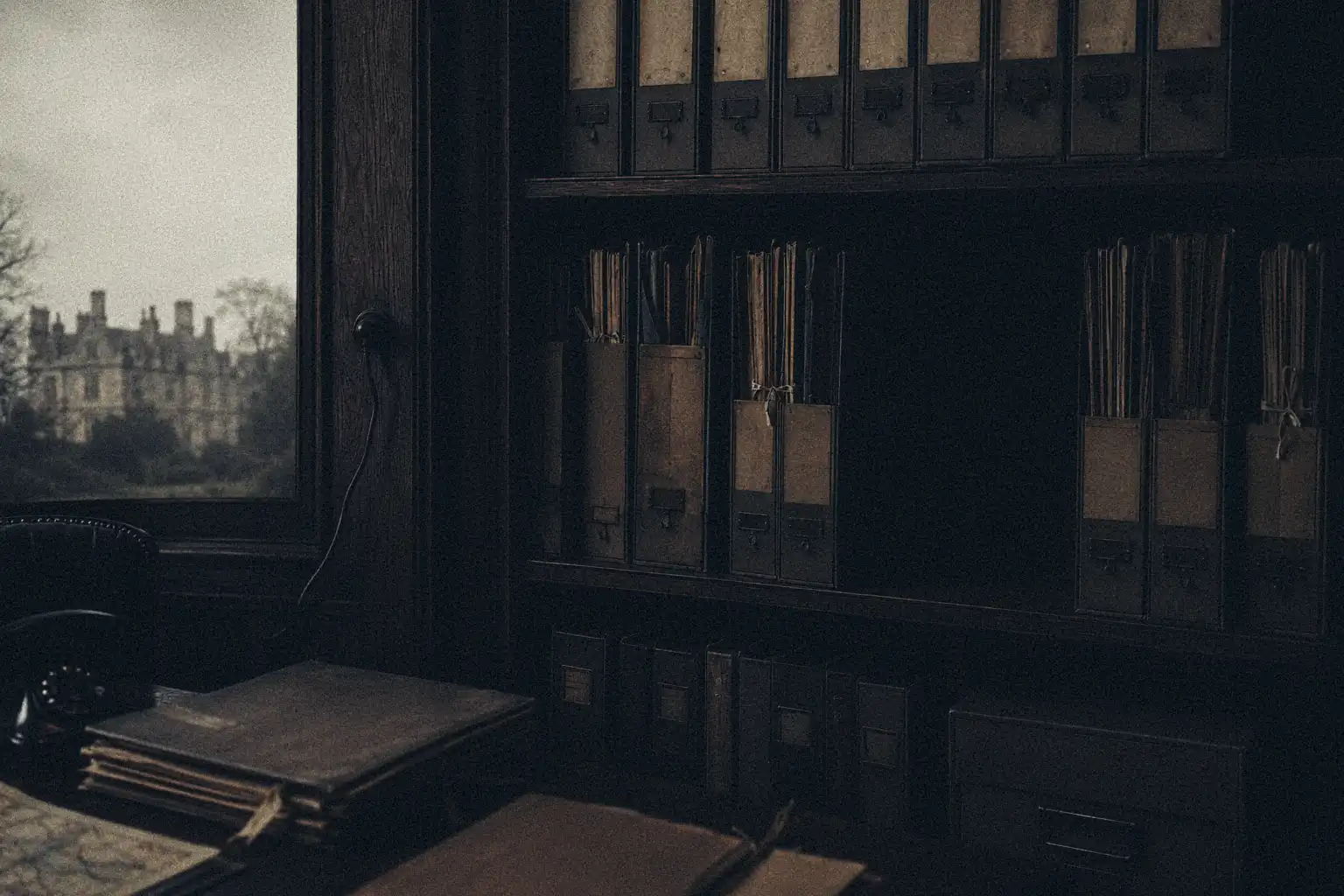 Empty wartime intelligence archive space representing the missing operational records from Rudolf Hess's detention at Camp Z. AI-generated Illustration for Veriarch