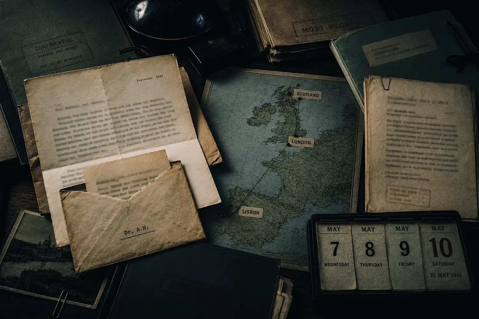 Archival illustration of the intercepted Haushofer letter, intelligence files and a map linking London, Lisbon and Scotland. AI-generated Illustration for Veriarch