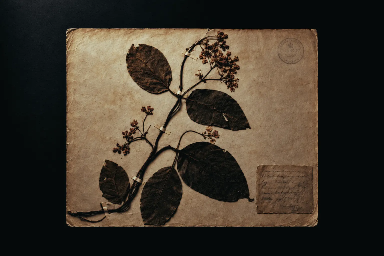 Illustration of an aged herbarium sheet displaying a pressed Banisteriopsis caapi specimen with faded pink flowers and a handwritten field label.