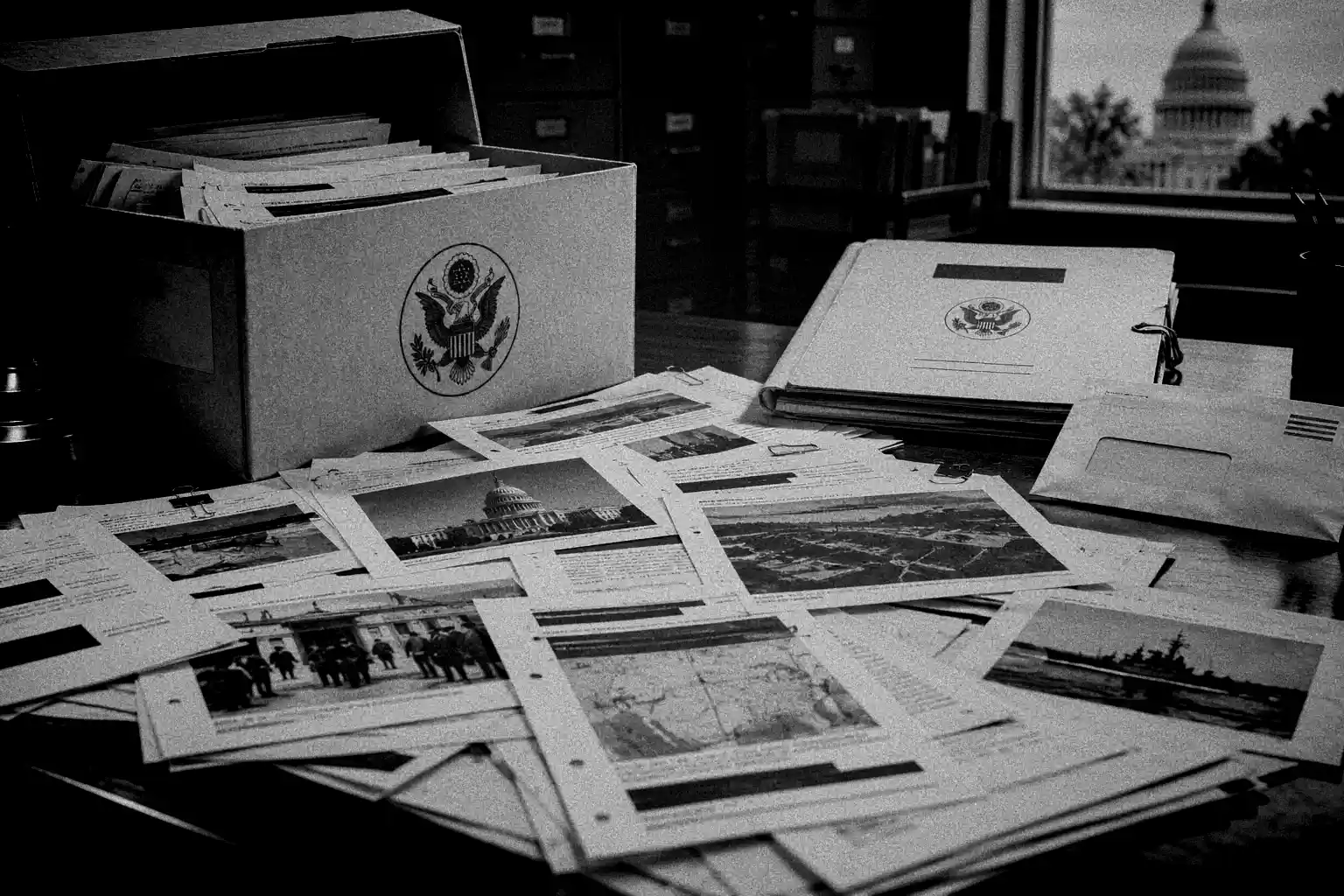 Released government records spreading beyond an archive file beside a later return-demand envelope, AI-generated Illustration for Veriarch