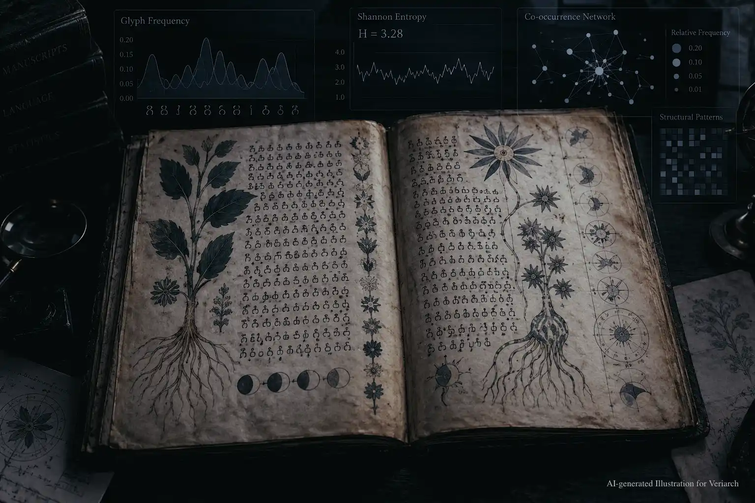 Open medieval manuscript with restrained statistical overlays representing competing analyses of Voynichese. AI-generated Illustration for Veriarch